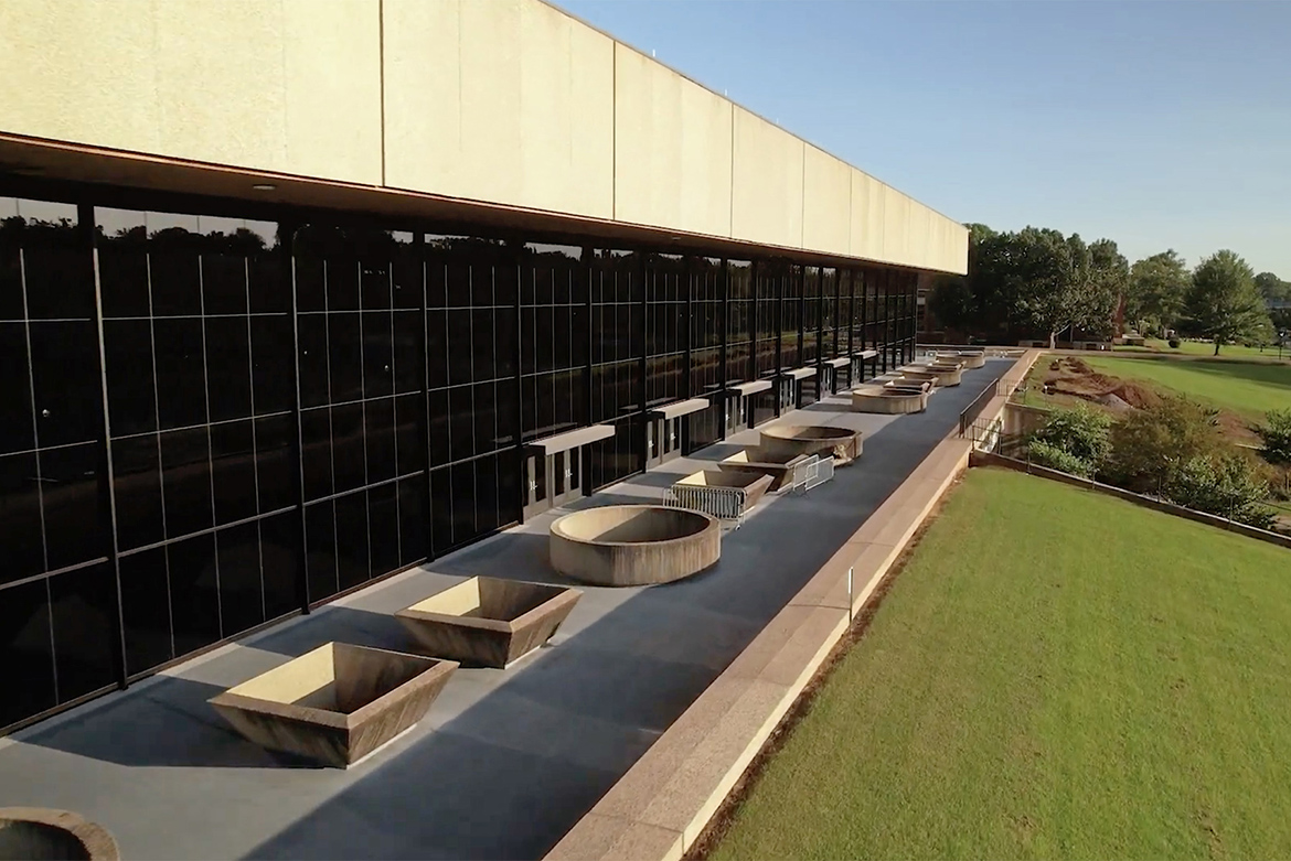 This view of the west side of Murphy Center at Middle Tennessee State University shows the numerous panels of SageGlass smart windows that were installed to reduce the glare and heat inside the facility by automatically tinting and clearing in response to the sun. (MTSU photo)