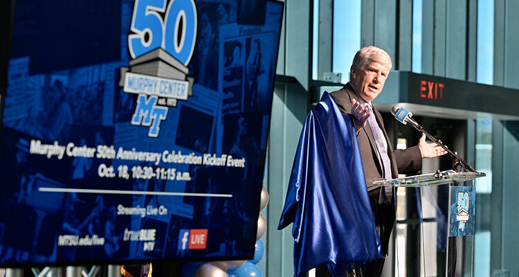 MTSU Athletics Director Chris Massaro thanks Blue Raider fans for their support Tuesday, Oct. 18, to the kickoff event on the track concourse of the Murphy Center at Middle Tennessee State University for a yearlong celebration of the 50th anniversary of the iconic building, known affectionately as “The Glass House” and recently undergoing almost $6 million in renovations. (MTSU photo by Andy Heidt)