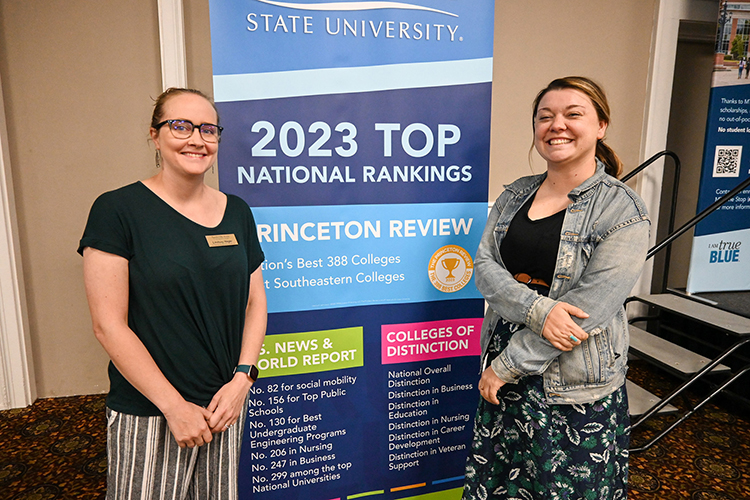 Nashville TBT 2022 Hager: Lindsay Hager, manager of peer mentoring at Nashville State Community College in Nashville, Tenn., left, and her coworker Kelsey Johansen, director of student life, attended Middle Tennessee State University’s True Blue Tour stop at the Millennium Maxwell House in Nashville, Tenn., on Wednesday, Oct. 5, 2022, to get more information to help their students transfer to the university. (MTSU photo by Stephanie Wagner)