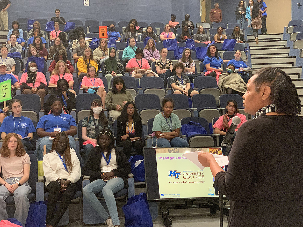 In the McWherter Learning Resources Center's large classroom, guest speaker Barbara Turnage, the interim dean for the College of Behavioral and Health Sciences, gave an inspiring talk and fielded audience questions Saturday, Sept. 24, during the 26th annual Tennessee Girls in STEM math and science conference. (MTSU photo by Randy Weiler)