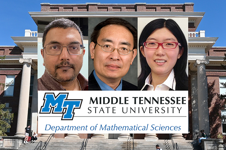 Middle Tennessee State University’s Master of Science in Mathematics program has produced several highly successful alumni in recent years thanks to the support of the Math Department’s highly skilled and supportive faculty. Program alumni David Mathews, left, and Zoe Zhang, right, shared about their experiences in the program under the guidance of MTSU actuarial science professor Don Hong, center. (MTSU graphic illustration by Stephanie Wagner)