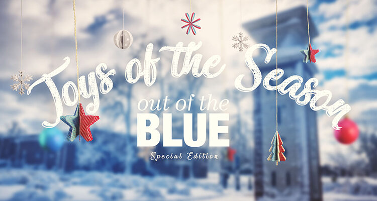 promo for December 2022 "Out of the Blue" special show with January 2022 file image of snowy scene looking southeast from the Faulkinberry Drive entrance with the Voorhies Engineering Technology Building in the background and text reading "Joys of the Season, Out of the Blue special edition" superimposed ove the center of the photo. (MTSU file photo by Andy Heidt)