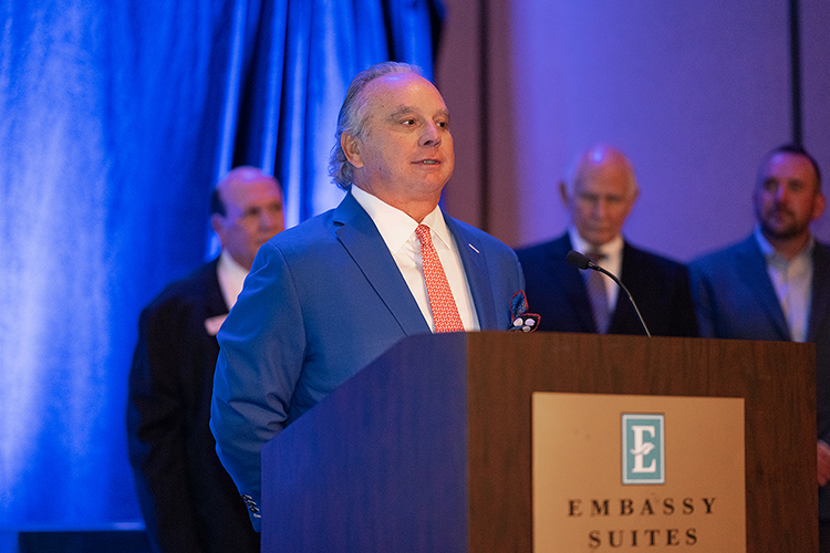 Middle Tennessee State University alumnus Chuck McDowell gives remarks during a special reception for 2022 Leadership Summit award recipients hosted by the Jennings A. Jones College of Business on Oct. 27, 2022, at Embassy Suites in Murfreesboro, Tenn. McDowell received the Jennings A. Jones Champion of Free Enterprise Award. (MTSU photo by Cat Curtis Murphy)