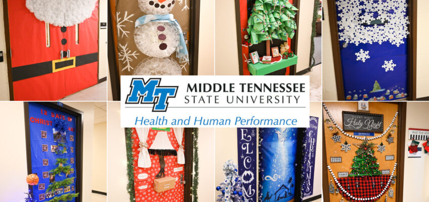 Middle Tennessee State University’s Health and Human Performance department had 26 staff and faculty participate in their holiday door décor competition that wrapped up Thursday, Dec. 1, 2022. (MTSU graphic illustration by Stephanie Wagner)