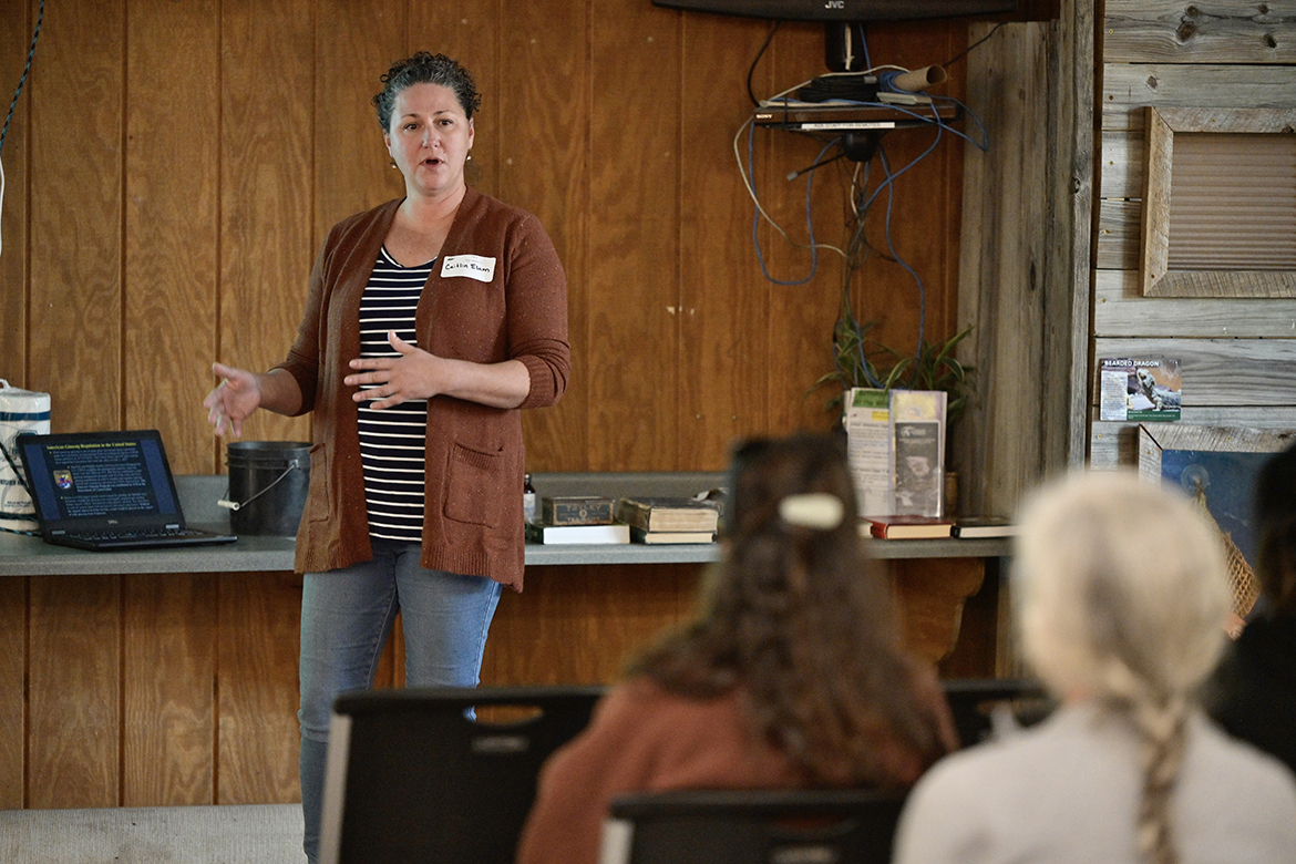 Caitlin Elam of Nashville, Tenn., the state’s American ginseng coordinator, communicates about Tennessee laws governing the plant and offers clarification on how growers can legally operate during the International Ginseng Institute’s Ginseng Workshop and Demo Day at Barfield Crescent Park’s Wilderness Station in Murfreesboro, Tenn., earlier this fall. More than 40 people attended the one-day session. (MTSU photo by Andy Heidt)