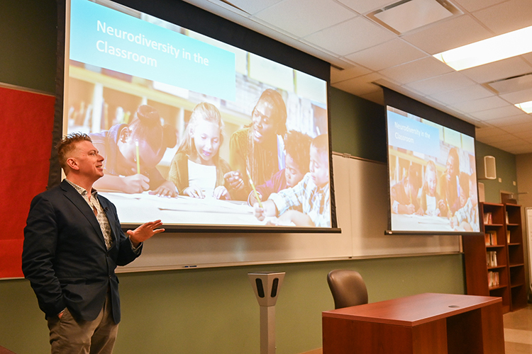 Tim Odegard, holder of the Katherine Davis Murfree Chair of Excellence at MTSU’s Center for Dyslexia, speaks about neurodiversity in the classroom at a faculty lunch-and-learn event put on by the College of Education’s Center for Fairness, Justice and Equity at the college’s building on campus on Nov. 30, 2022. (MTSU photo by Stephanie Wagner)