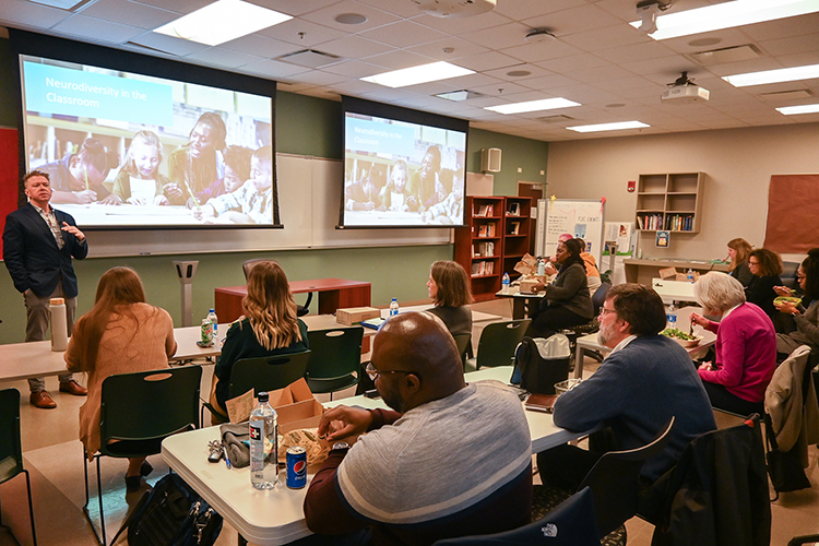 Tim Odegard, holder of the Katherine Davis Murfree Chair of Excellence at MTSU’s Center for Dyslexia, speaks to faculty at MTSU’s College of Education about neurodiversity in the classroom at a lunch-and-learn event put on by the college’s Center for Fairness, Justice and Equity on campus on Nov. 30, 2022. (MTSU photo by Stephanie Wagner)