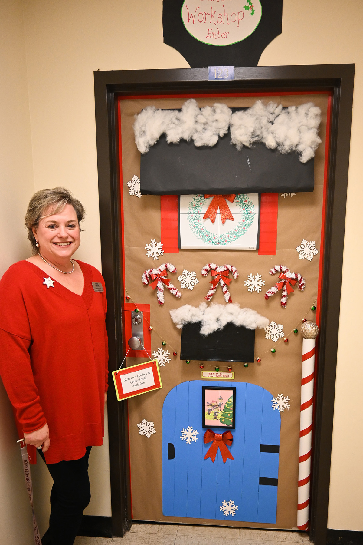Staff at Middle Tennessee State University’s Health and Human Performance department created a True Blue-style trophy awarded to the winner of the department’s holiday door décor competition that wrapped up on Thursday, Dec. 1, 2022. (MTSU photo by Stephanie Wagner)