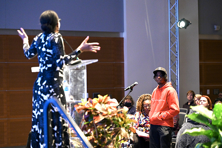 An audience member listens carefully after asking a question of National Book Award-winning scholar Imani Perry, left, during Perry's Feb. 9 public lecture at Middle Tennessee State University. Perry, the Hughes-Rogers Professor of African American Studies at Princeton University and an interdisciplinary scholar of race, law, literature and African American culture, is the author of “South to America: A Journey Below the Mason-Dixon to Understand the Soul of a Nation," discussed how the South's people and cultures have influenced the nation with an appreciative, diverse and near standing-room-only crowd of almost 200 students, faculty, staff and MTSU neighbors. Her talk was a part of MTSU's observance of Black History Month. (MTSU photo by J. Intintoli)