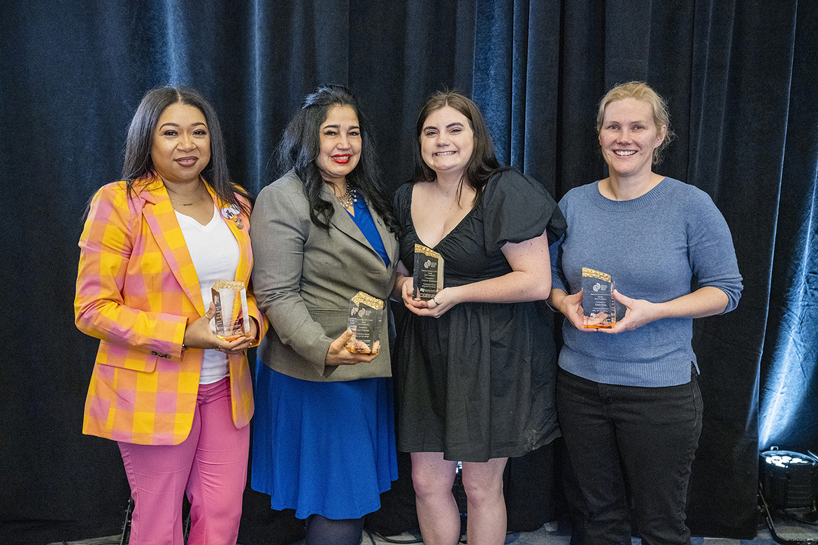 Recipients of the 2023 Trailblazer Awards for National Women’s History Month at Middle Tennessee State University hold their awards presented March 1 inside the Ingram Building’s MT Center on Middle Tennessee Boulevard. Pictured, from left, are Christina Cobb, assistant professor, University Studies Department; Lori Huertas, risk management and insurance program coordinator, Jones College of Business; Future Trailblazer, student Hayden “Gracie” Sizemore; and Katie Foss, director, School of Journalism and Strategic Media. (MTSU photo by Andy Heidt)