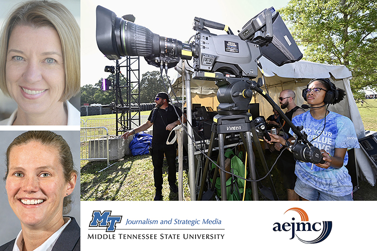 MTSU senior Kayla Bradshaw, right, a video and film production major from Lexington, S.C., films a performance at the June 2022 Bonnaroo Music and Arts Festival in Manchester, Tenn, in this file photo that also include photos of Association for Education in Journalism and Mass Communication Southeast Colloquium guest speaker Kathy Roberts Forde (top left) and School of Journalism and Strategic Media Director Katie Foss (below left) and the AEJMC and School of Journalism logos. (MTSU file photo by James Cessna)