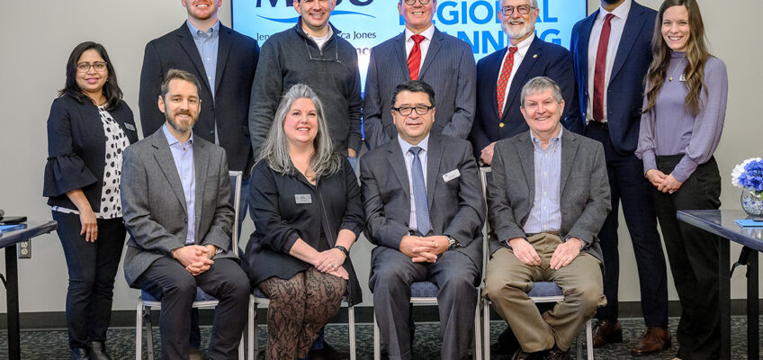 Members of the advisory committee for the Jennings and Rebecca Jones Chair of Excellence in Urban and Regional Planning gather for a group photo during their February meeting at the MTSU Student Union. Shown standing, from left, are Rubi Devi, research association, Business and Economic Research Center, or BERC; Ryan Egly, Lawrence County Chamber of Commerce; Kendrick Curtis, Middle Tennessee Industrial Development Association; Cliff Lippard, Tennessee Advisory Commission on Intergovernmental Relations; committee chair and alumnus Paul Martin Jr., Clarity Resources LLC; Joseph Howard, BERC student researcher; and Andrea Lawrence, BERC secretary. Seated, from left, is Patrick Cammack, Rutherford County Chamber of Commerce; Lori Odom, Nashville Area Chamber of Commerce; Murat Arik, chairholder and BERC director; and Steven Livingston, BERC associate director and political science professor. (MTSU photo by J. Intintoli)