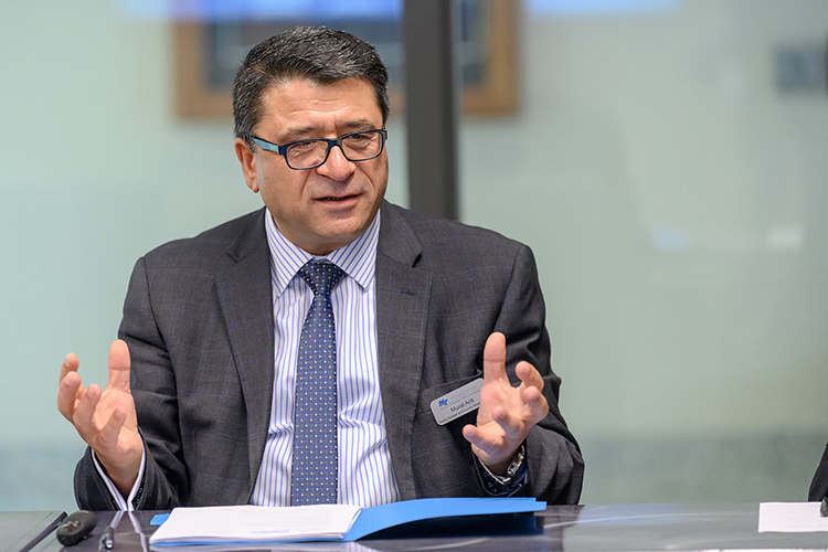 Murat Arik, chairholder of the Jennings and Rebecca Jones Chair of Excellence in Urban and Regional Planning, makes a point during the February 2023 meeting of chair's advisory committee held in the Student Union Building. (MTSU photo by J. Intintoli)