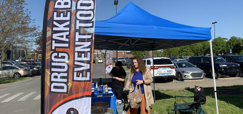 Middle Tennessee State University Campus Pharmacy pharmacist Tabby Ragland, right, carries expired and unwanted medications to the proper containers in April 2023, during the spring MTSU Drug Take-Back Day event, held near the Campus Pharmacy drive-thru outside the Health, Wellness and Recreation Center. Assisting her at the event and the entire month of April was Lindsey McInturff of Nashville, Tennessee, a then-fourth-year Lipscomb University College of Pharmacy student. Campus Police and Pharmacy and the MTSU Stormwater Project coordinate the event. The fall drug take-back day will be from 7:30 a.m. to 1 p.m. Thursday, Oct. 19. (MTSU file photo by Randy Weiler)