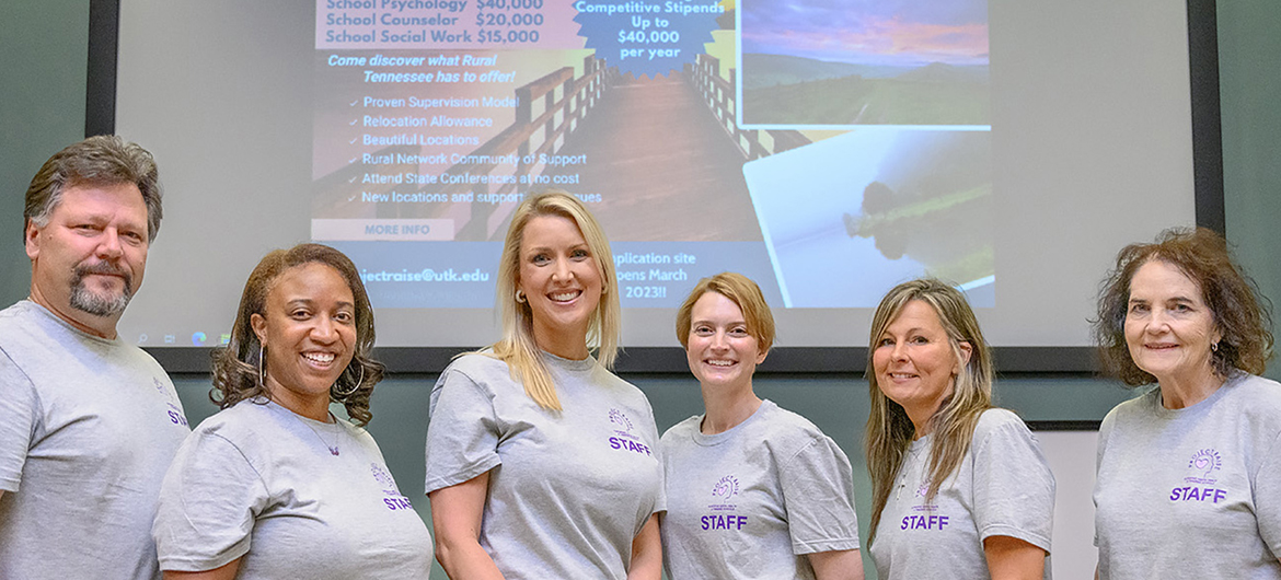 Tiffany Wilson, second from left, professional school counseling coordinator for Middle Tennessee State University, takes a photo with leadership from Project RAISE, at MTSU’s College of Education building on July 20, 2023. Also pictured, from left, are Ron Robertson, school psychology content expert; Wilson; April Ebbinger, director of psychological and behavioral supports for the Tennessee Department of Education; Elizabeth O’Brien, school psychology content expert; Lisa Crawford, Project RAISE director; and Connie White, Project RAISE coordinator. Wilson serves as a consultant for the Tennessee Department of Education’s $14 million grant project to retain and recruit mental health professionals into high-needs, rural school districts across the state. (MTSU photo by J. Intintoli)
