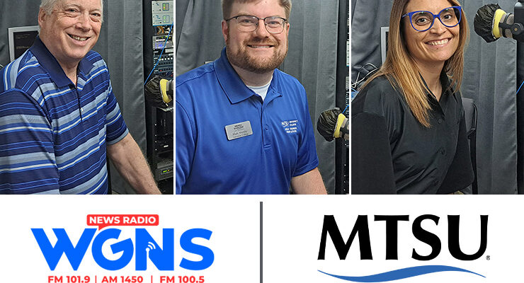 MTSU representatives appeared on the WGNS Radio “Action Line” program on July 17. The guests, from left in order of appearance, were Dr. Ken Currie, chair of the MTSU Department of Engineering Technology; Mark Murphy, coordinator of recruitment and corporate outreach for MTSU University College; and Dr. Gaia Rancati, assistant professor of marketing and neuromarketing in the Jones College of Business. (MTSU photo illustration by Jimmy Hart)