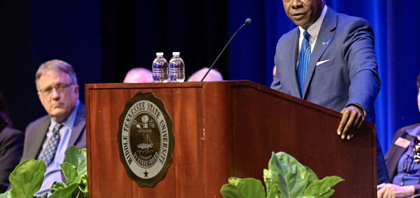Middle Tennessee State University President Sidney A. McPhee gives his State of the University address Thursday, Aug. 24, at the 2023 Fall Faculty Meeting inside Tucker Theatre. The event officially kicks off the new academic year, which officially begins Monday, Aug. 28, with the first day of classes. (MTSU photo by Andy Heidt)