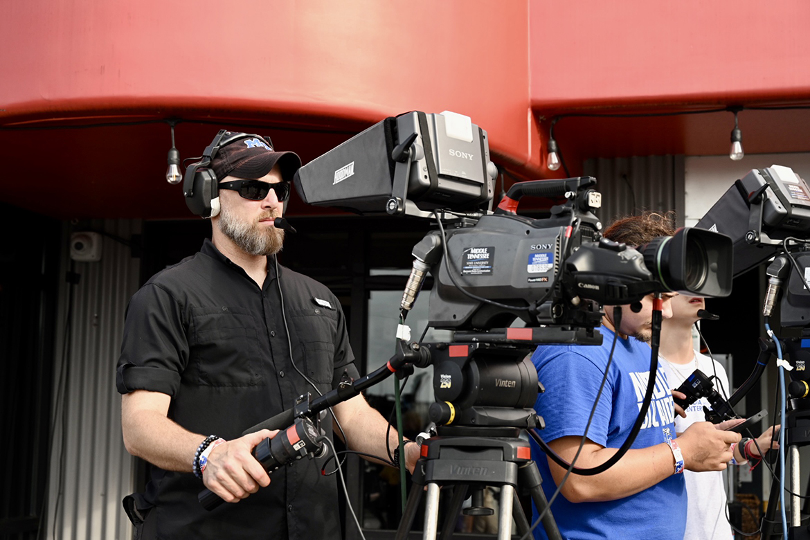 A combination of Middle Tennessee State University True Blue TV Event Productions staff and College of Media and Entertainment Media Arts Productions staff and students shot live video of the Big Machine Music City Grand Prix NTT IndyCar Series news conference Thursday, Aug. 3, atop Nashville Underground in Nashville, Tenn. (MTSU photo by James Cessna)