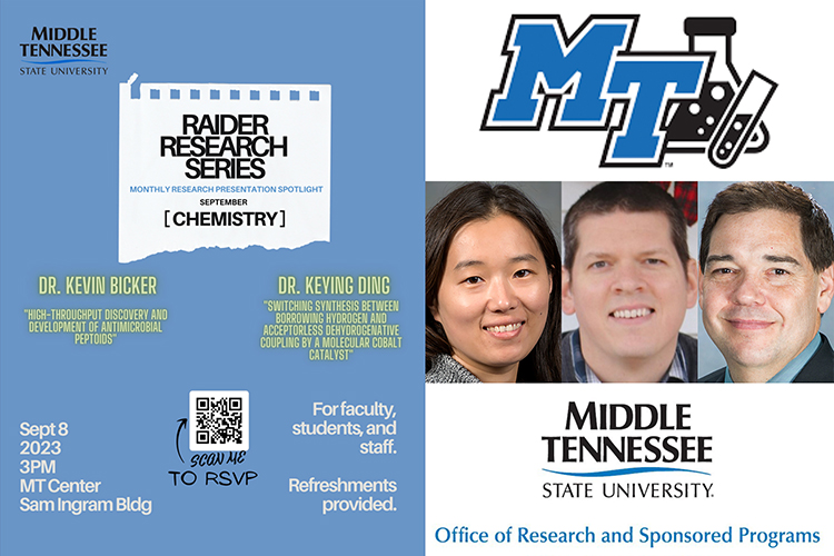 Middle Tennessee State University’s Office of Research and Sponsored Programs will kick off its “Raider Research Series” on Friday, Sept. 8, from 3 to 4 p.m. at the MT Center in the Sam H. Ingram Building on campus at 2269 Middle Tennessee Blvd. The office launched the series to showcase the faculty’s prodigious research efforts to campus faculty, students and staff. (MTSU graphic illustration by Stephanie Wagner)