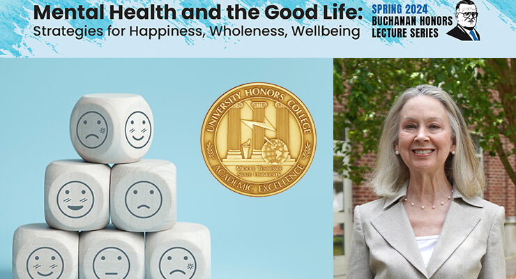 MTSU history professor Mary Evins, right, coordinates the Honors Lecture Series, with this year's series focusing on mental health. (MTSU photo of Evins and Honors College logos; block illustration from Adobe Stock Photos)