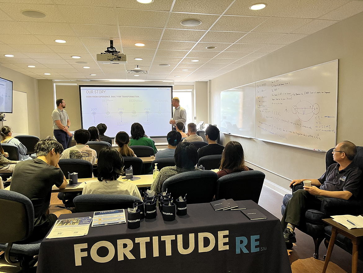 A Middle Tennessee State University Actuarial Science class hears a recruiting pitch to hire future employees from representatives with Fortitude Re in Brentwood, Tenn. The Casualty Actuarial Society’s University Recognition Program recognized the MTSU program with a coveted Gold Tier award. (Submitted photo)