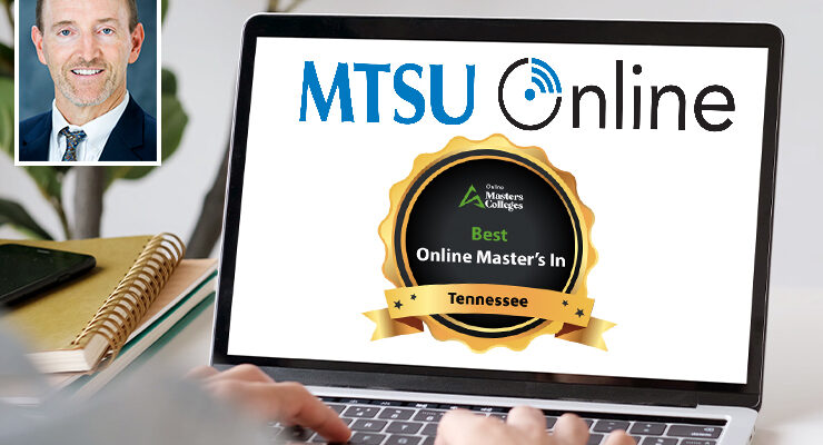 Trey Martindale, top left, Middle Tennessee State University’s chief online learning officer, oversees the institution’s online programs. MTSU was recently awarded "Best Online Master's in Tennessee" in 2024 by Online Master’s Colleges, an online resource for prospective higher education students. (MTSU photo illustration; MTSU photo of Martindale; Adobe stock image of laptop; MTSU online logo; OMC badge)