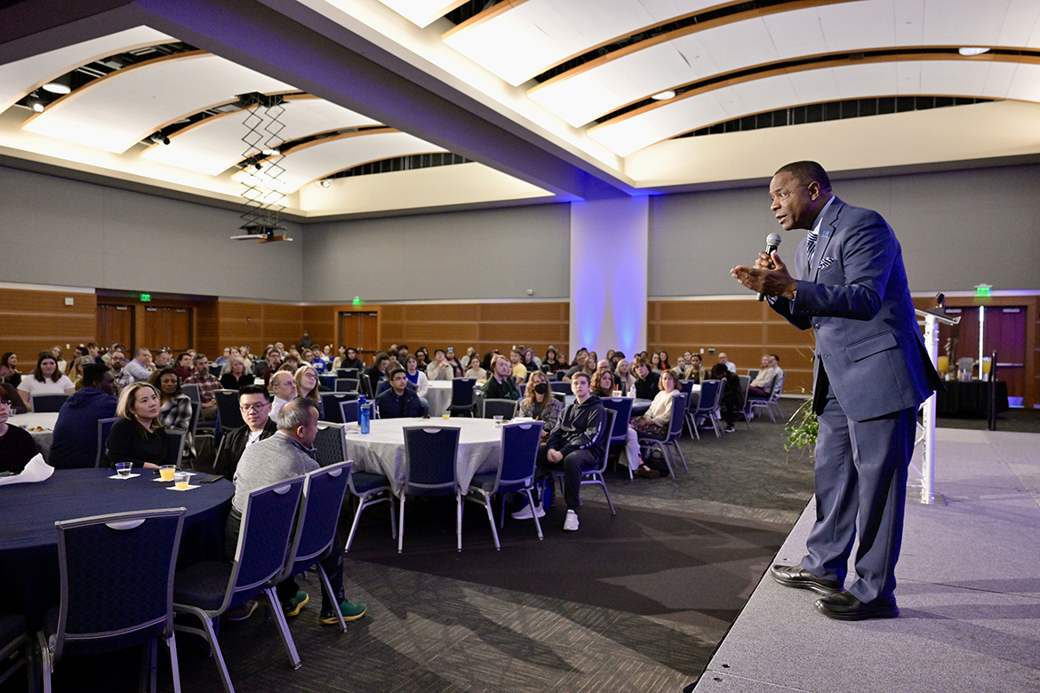 Middle Tennessee State University President Sidney A. McPhee tells the crowd of 125 major scholarship recipients for the 2024-25 academic year that MTSU is the place that’s made for them to spend their next four years Monday, Feb. 19, during the annual President’s Celebration of Scholars in the Student Union Ballroom. “We want to make sure you compete at the highest level,” he said. (MTSU photo by Andy Heidt)