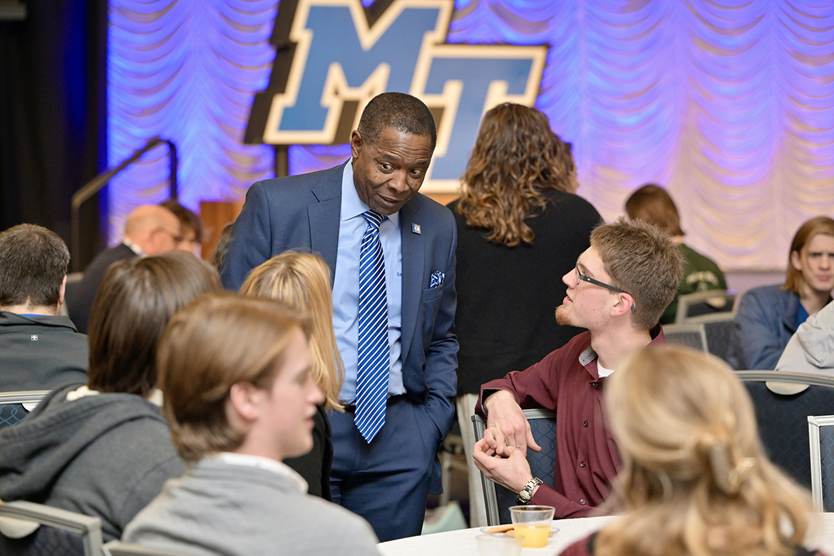Middle Tennessee State University President Sidney A. McPhee visits with 2024-25 major scholarship recipients and their parents Monday, Feb. 19, during the annual President’s Celebration of Scholars in the Student Union Ballroom. He later congratulated them for their “excellent academic achievements” and that MTSU is the place made for them. MTSU welcomed 125 high school students who have received scholarships. (MTSU photo by Andy Heidt)