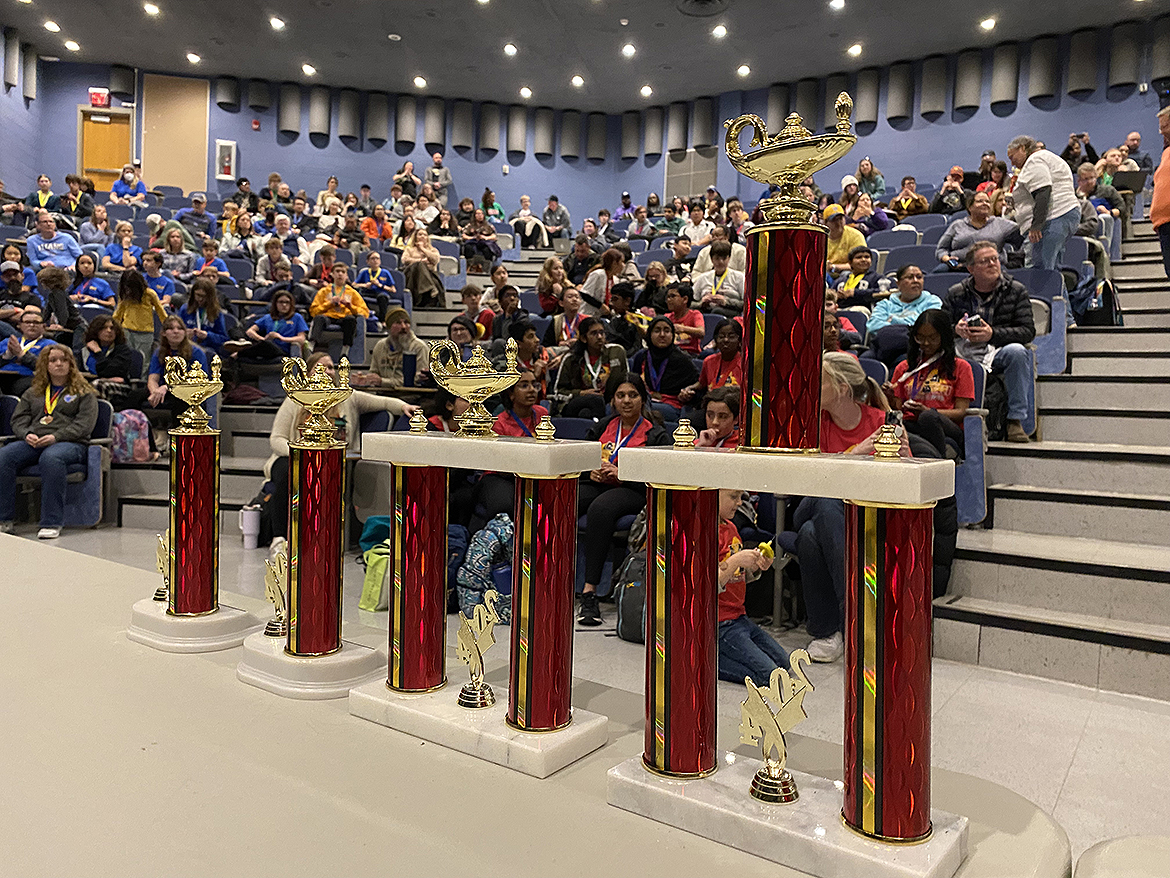 Team trophies await the winners of the middle school and high school divisions in the Regional Science Olympiad Saturday, Feb. 17, at Middle Tennessee State University. Five middle schools and four high school teams advanced to the State Science Olympiad April 6 at the University of Tennessee in Knoxville. (MTSU photo by Casey Penston)