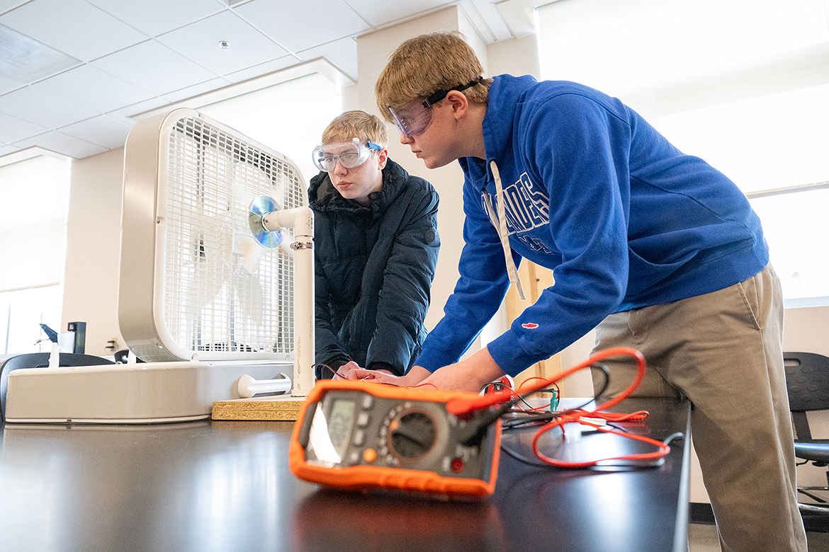Central Magnet School teammates Lucas Naron, left, and Cooper Godbey operate their project in the Wind Power event taking place during the annual Regional Science Olympiad competition for high school and middle school teams Saturday, Feb. 17, in a Middle Tennessee State University Science Building classroom. Placing fourth, Central advanced to the April 6 State Science Olympiad in Knoxville, Tenn. (MTSU photo by Cat Curtis Murphy)