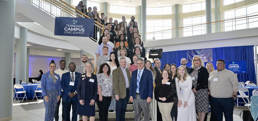 Students, faculty and administrators from 10 public and private state universities come together for a group photo with special guests during the Tennessee Campus Civic Summit, held Friday, Feb. 23, in the Middle Tennessee State University Miller Education Center’s second-floor atrium. The conference was held for students doing civic engagement work on their campuses and in their communities. (MTSU photo by Andy Heidt)