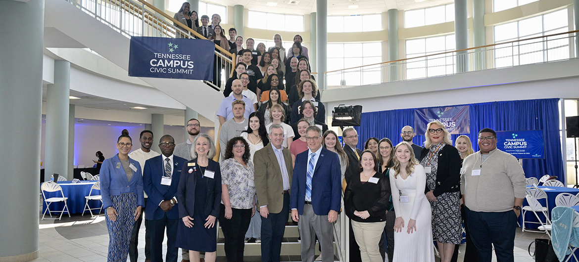 Students, faculty and administrators from 10 public and private state universities come together for a group photo with special guests during the Tennessee Campus Civic Summit, held Friday, Feb. 23, in the Middle Tennessee State University Miller Education Center’s second-floor atrium. The conference was held for students doing civic engagement work on their campuses and in their communities. (MTSU photo by Andy Heidt)