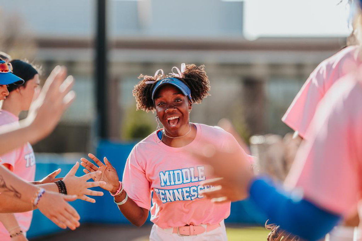 For the upcoming Alumni and Blue Raider Athletics Spring Showcases, Middle Tennessee State University’s softball team hosts Liberty University at 4 p.m. Saturday, April 13, at Blue Raider Field in Murfreesboro, Tenn. It is the middle game of the series, as MTSU hosts Liberty at 6 p.m. Friday, April 12, and at noon Sunday, April 14. Numerous MTSU events and activities for alumni and others are scheduled April 5-13 during the annual Alumni Spring Showcase. (Photo by Maya Lewis/MT Athletic Communications)