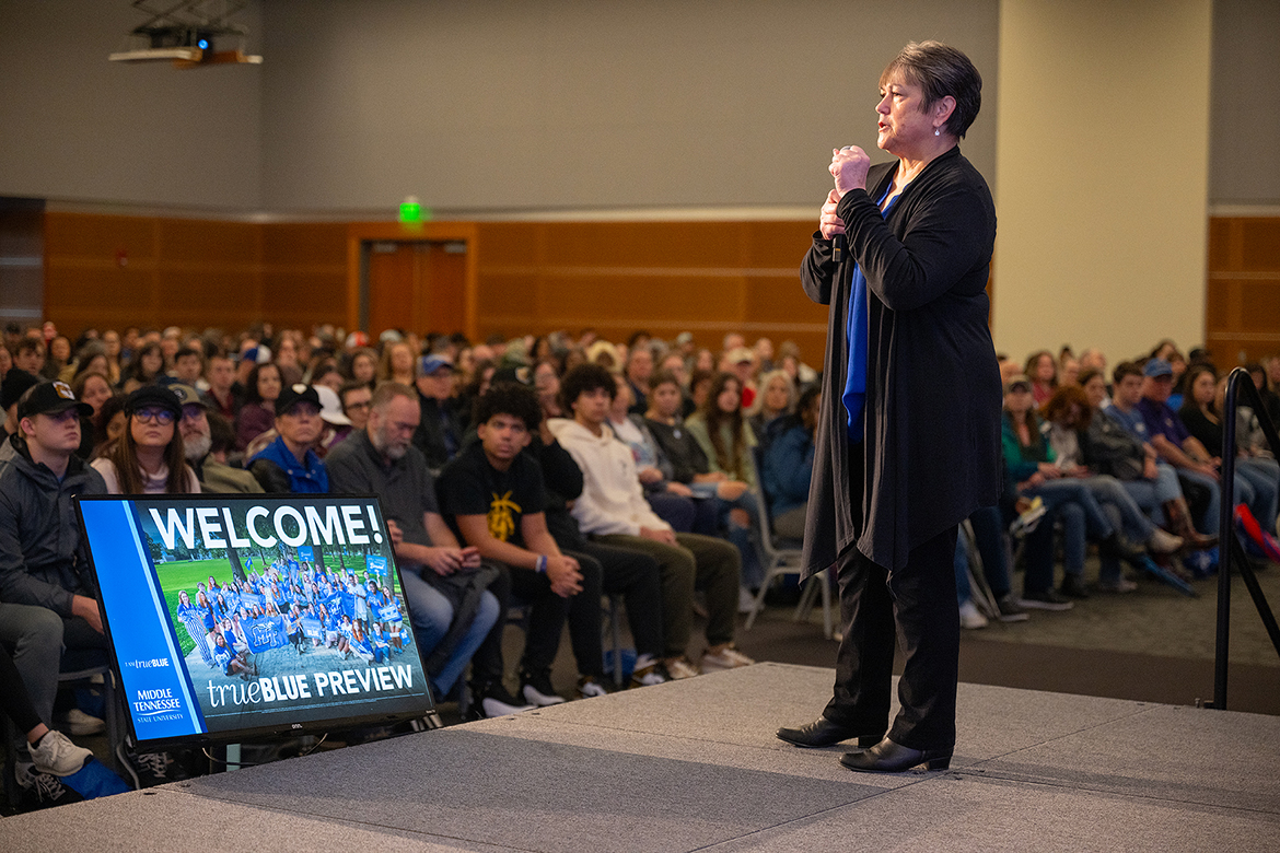 Joyce Heames, dean of the Jones College of Business at Middle Tennessee State University, addresses a large crowd attending the True Blue Preview recruiting event Saturday, Feb. 10, in the Student Union Ballroom. The second spring preview day event Saturday, March 23, will bring hundreds of prospective students and their parents to campus for a full day to discover all that’s MTSU. (MTSU photo by Cat Curtis Murphy)