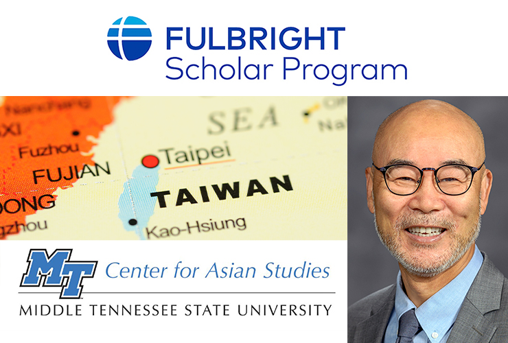 Headshot of Guanping Zheng beside Taiwan map, logos