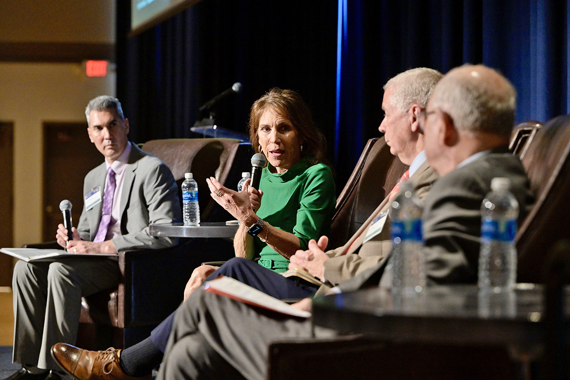 Gallatin, Tenn., Mayor Paige Brown second from left, answers a question at “A Forum on Growth and Challenges in Middle Tennessee” held March 15 in the James Union Building’s Tennessee Room at Middle Tennessee State University in Murfreesboro, Tenn. Looking on is Franklin Mayor Ken Moore, far right, and Clarksville Mayor Joe Pitts. At left is forum moderator David Plazas of The Tennessean. (MTSU photo by Andy Heidt)