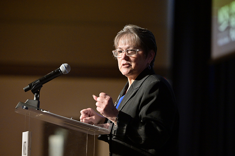 Joyce Heames, dean of Middle Tennessee State University’s Jones College of Business, welcomes attendees to “A Forum on Growth and Challenges in Middle Tennessee” held March 15 in the James Union Building’s Tennessee Room at MTSU in Murfreesboro, Tenn. (MTSU photo by Andy Heidt)