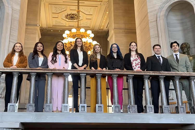 Middle Tennessee State University undergraduate student researchers attended the Posters at the Capitol event held at the state Capitol in Nashville, Tenn., on Feb. 14, 2024. Standing, from the left, are Eden Anderson, Lindsey Tran, Rose Gutierrez, Ariel Nicastro, Sydney Robbins, Tori Bascou, Audrey Lauerhass, Cole Huddleston and Isaiah Kam. (Submitted photo)