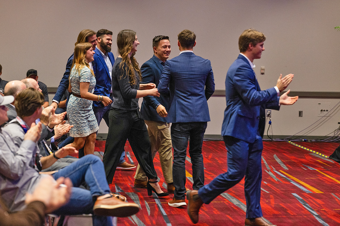 Middle Tennessee State University team members begin to celebrate following the announcement they earned first place in the four-year production homes competition that was part of the annual National Association of Home Builders Student Chapters awards ceremony at the Las Vegas, Nev., Convention Center earlier this year. (Submitted photo by Que Images LLC for NAHB)