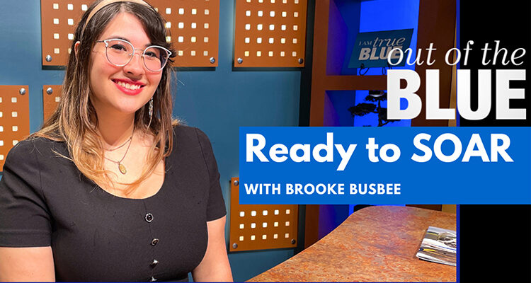Brooke Busbee, recent Middle Tennessee State University graduate in psychology and undergraduate research advocate, was featured on the April 2024 episode of MTSU’s “Out of the Blue” television show to discuss her work as part of the Student Organization for the Advancement of Research and its recent high school outreach event. (MTSU graphic illustration by Joseph Poe)