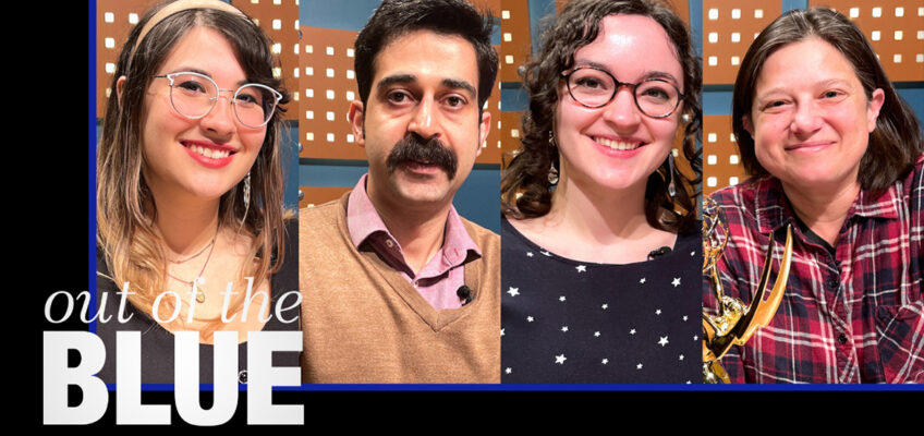 Guests on the April 2024 edition of the "Out of the Blue" television magazine program include, from left, student Brooke Busbee of the SOAR organization; Mohammad Meerzaei, an assistant professor in the Philosophy and Religious Studies Department and new director of the Middle East Center; and Kelty Greye, a Commercial Songwriting Program major, and Allie Sultan, an associate professor in the Video and Film Production Program. (MTSU photo illustration by Joe Poe)
