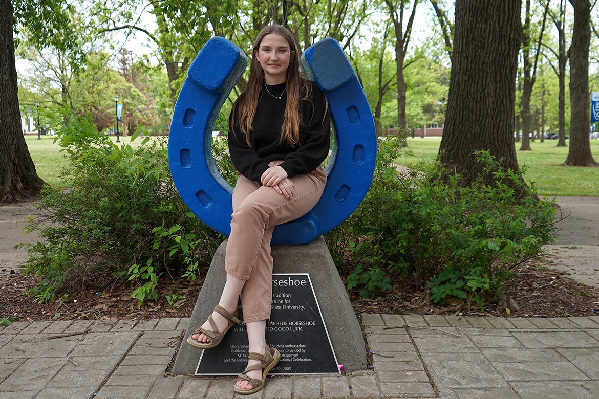Middle Tennessee State University political science major Victoria Grigsby, of Taft, Tenn., pictured here in Walnut Grove on the MTSU campus in Murfreesboro, Tenn., earned a spot as a Delta Scholar in the 2024 Delta Scholars Program, which will take place this summer at Mississippi State University. (MTSU photo by Robin E. Lee)