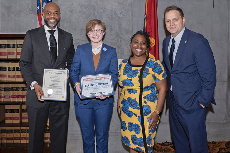 Middle Tennessee State University senior social work major Elliot Certain, second from left, receives his 2024 Harold Love Outstanding Community Service Award April 29 at the Tennessee Capitol in Nashville, Tenn. Presenting the award are, from left, state Rep. Harold Love Jr. of Nashville, Tennessee Higher Education Commission Director of HBCU Success Brittany Mosby and THEC Executive Director Steven Gentile. (Courtesy of the state of Tennessee)