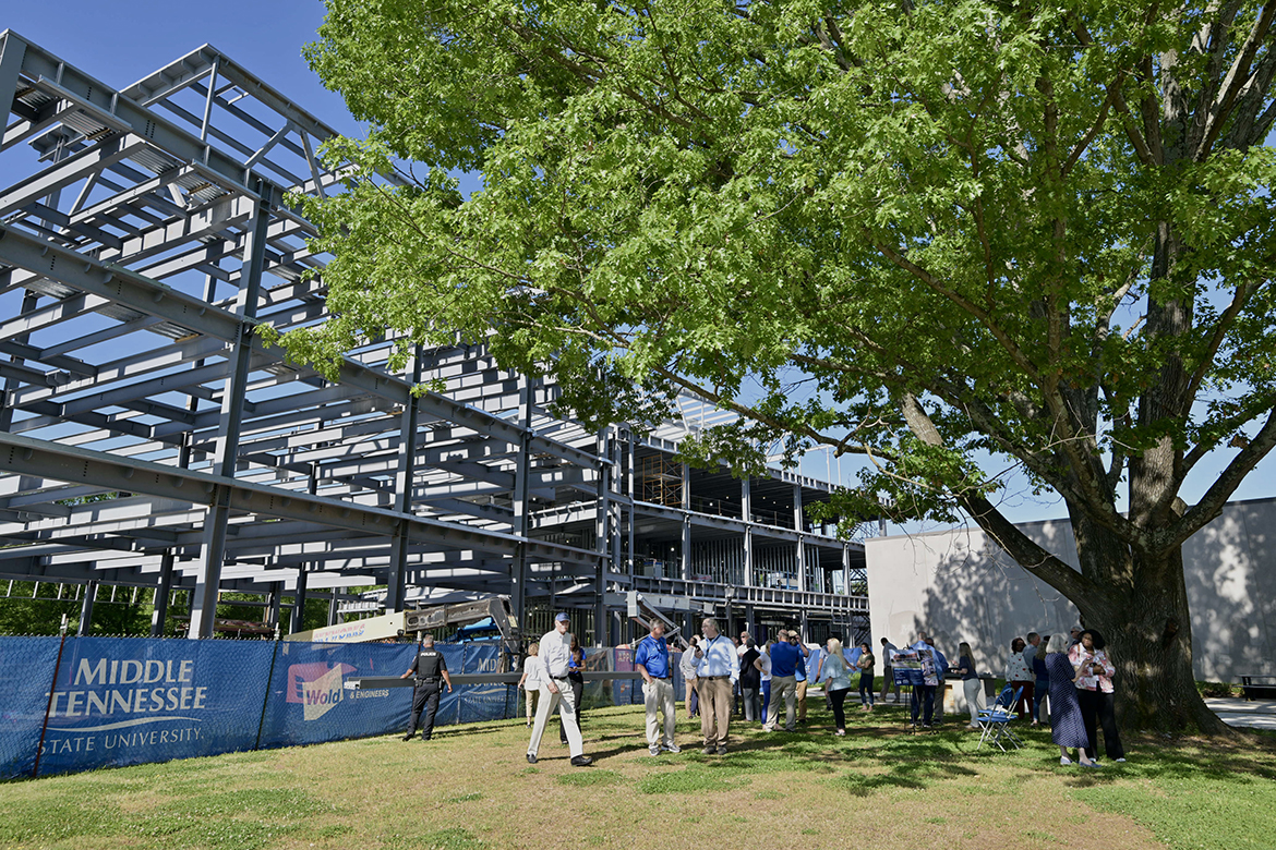 Nearly 50 people attended the final steel beam signing and topping out ceremony for the new Middle Tennessee State University Applied Engineering Building Wednesday, May 1, at the construction site on the MTSU campus in Murfreesboro, Tenn. The nearly 90,000-quare-foot facility, to house the university’s Mechatronics Engineering and Engineering Technology programs, is being built at a cost of $74.8 million and should be ready by the start of the fall 2025 semester. (MTSU photo by J. Intintoli)