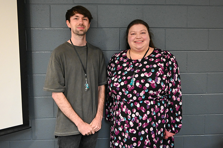 Alisa Hass, Middle Tennessee State University geosciences assistant professor, right, is shown with Sean Sanders, the graduate research assistant on her latest National Science Foundation research project, on MTSU’s campus in Murfreesboro, Tenn. Hass landed a $260,000 NSF grant with colleague Mark Abolins and launched a project to help close to 300 MTSU students better understand and access the critical issue of climate change. (MTSU photo by Stephanie Wagner)