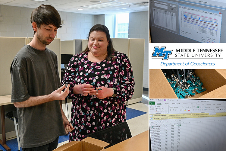 Middle Tennessee State University geosciences faculty recently landed a $260,000 National Science Foundation grant to help close to 300 MTSU students better understand and access the critical issue of climate change. Alisa Hass, assistant professor, right, led the project and team that included graduate research assistant Sean Sanders, left, and professor Mark Abolins. (MTSU graphic illustration by Stephanie Wagner)