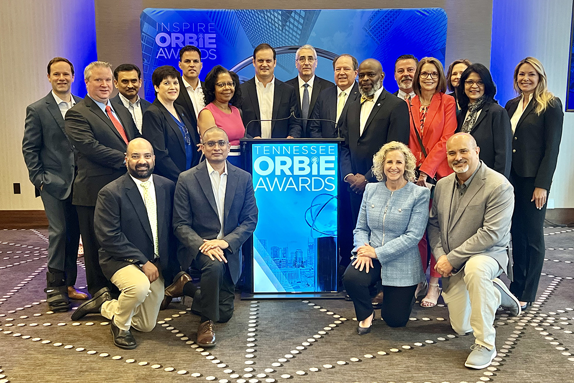 Middle Tennessee State University’s Yvette Clark, vice president for information technology and chief information officer, standing fourth from left, was recognized Friday, May 31, among 24 IT executives as category finalists at the 2024 Tennessee Orbie Awards, one of the industry’s premier honors, during the awards ceremony at the Omni Nashville Hotel in Nashville, Tenn. (Photo submitted)