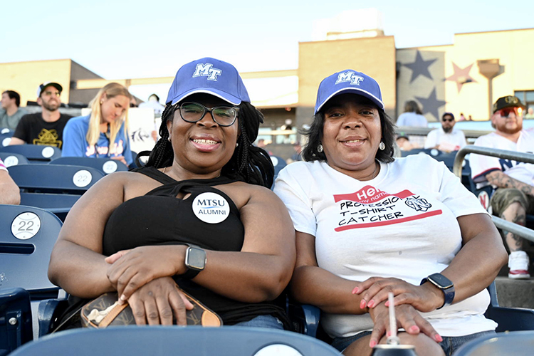 Middle Tennessee State University supporters enjoy the Nashville Sounds’ special Military Appreciation Night game Thursday, June 6, at First Horizon Park in Nashville, Tenn. The game also marked True Blue Night at the Sounds. (MTSU photo by James Cessna)