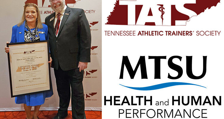 Tennessee Athletic Trainers’ Society President Mike Van Bruggen, right, stands with Helen Binkley, Athletic Training Program director at Middle Tennessee State University in Murfreesboro, Tenn. Binkley was inducted into the organization’s Hall of Fame at a banquet held in May at Embassy Suites in Murfreesboro. (Submitted photo)