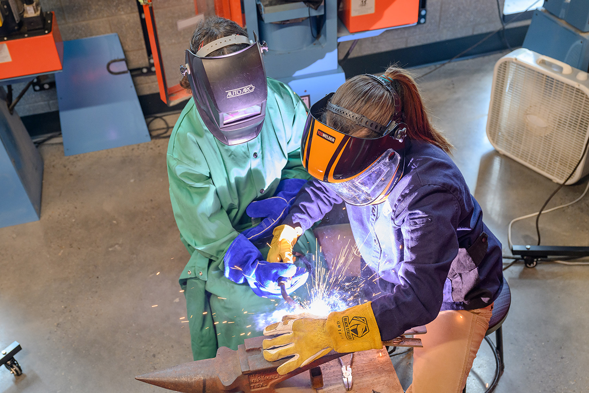 A welding project was one of the sessions a combined 220 middle and high school girls participated in during the May 3 Middle Tennessee State University Concrete Industry Management Program Ladies in Concrete event on the MTSU campus in Murfreesboro, Tenn. Along with an emphasis on safety, they attended sessions on concrete finishing, welding, mix design, hand tools and more during the four-hour event sponsored by CIM Patrons. (MTSU photo by J. Intintoli)